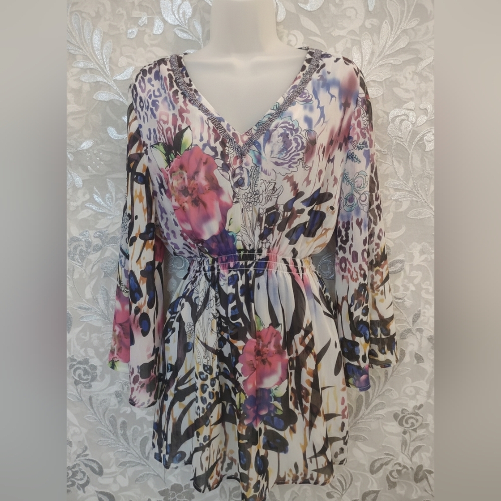 Boston Proper Mixed Print Beaded V-Neck Tunic Top - Size L - Boho Animal Floral